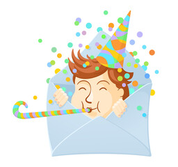 Envelope with happy boy in a hat and with a pipe. Cute cartoon character. Birthday and other holidays concept. Design for invitation or greeting card