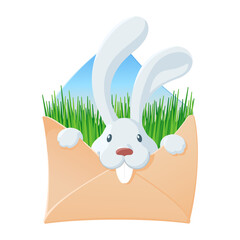 Envelope with white rabbit and green grass inside. Cute cartoon character. Easter and other holidays concept. Design for invitation or greeting card