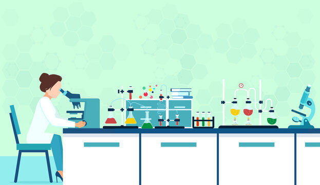Vector of a lab researcher working in a lab with a microscope and tools of laboratory.