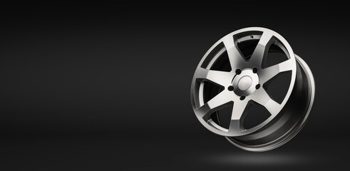 silver aluminum alloy wheel, on a black gradient background. copy space and mockup