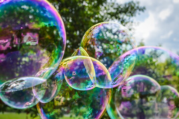 Connected soap bubbles close up