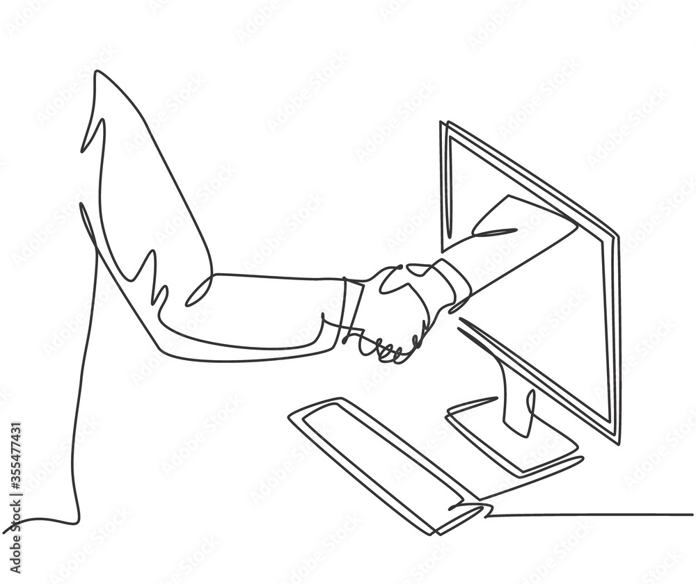 Fototapete continuous line drawing of business men shaking hand to deal a project. hand come out from computer 