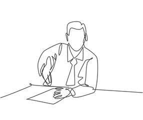 Fototapeta na wymiar Continuous line drawing of young business man make handshake gesture to his colleague at office. Business meeting concept. Single line drawing design, graphic vector illustration