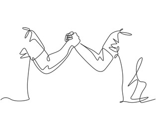 Continuous line drawing of two men wearing shirt handshaking to show sportsmanship at match field. Teamwork together in sport concept. One line drawing graphic design, vector illustration - obrazy, fototapety, plakaty