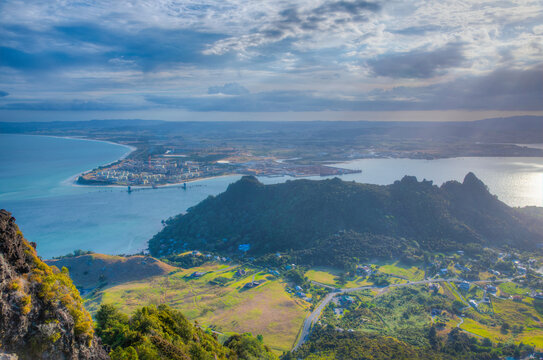 Sunset view of Marsden point oil refinery in New Zealand