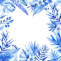 Fototapeta na wymiar Hand-drawn watercolor tropical background with flowers and leaves. Background with palm leaves and franjepani flowers in blue tones.