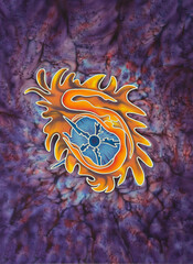 Symbolic drawing of a star in the form of a fiery eye with a pupil in the form of a wheel.