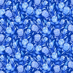 Watercolor seamless pattern with tropical protea flowers on a blue background..Bright tropical hand-drawn background