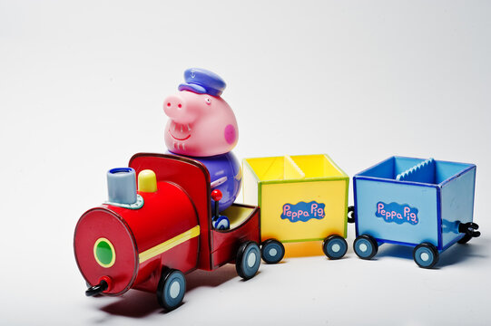 Hai, Ukraine - August 10, 2017: toy character on a train from famous cartoon Peppa Pig.