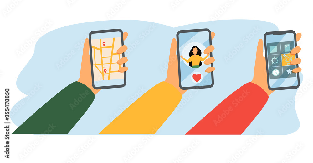 Poster set of hands that hold smartphones with various images. communication, social networking concept. st