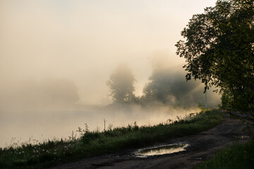 Silhouettes of Trees and River Bank in the Mist at Dawn.