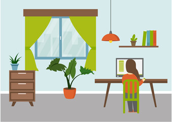 Young woman working at home. Flat style vector illustration. Freelance life