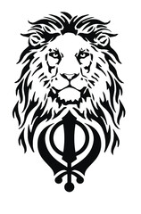 The Lion and the most significant symbol of Sikhism - Sign of Khanda, drawing for tattoo, on a white background, vector