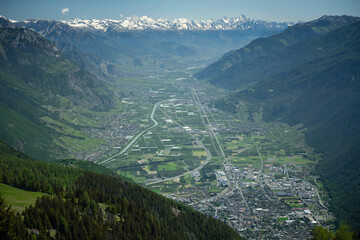 A city in the Swiss Alps. Top view.