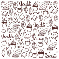 Chocolate banner with hand draw doodle background. Simple sketches of different kinds of cocoa and chocolate production.
