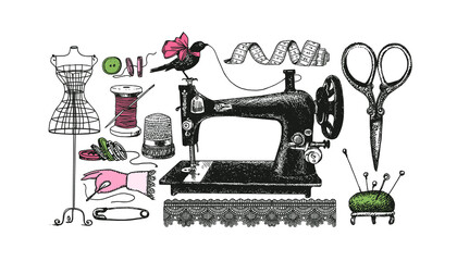 A set of accessories for the tailor. Vector illustration in vintage style.