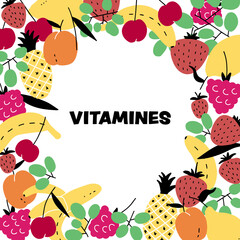 Vector placement print with fruits. Vitamines graphic. Great for cards, social media, sticker, matrketing.