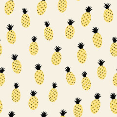 Vector doodle fruit pattern in yellow. Simple pineapple made into repeat. Great for background, wallpaper, wrapping paper, packaging, fashion.