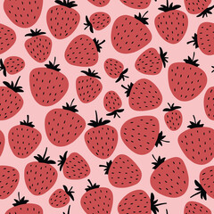 Vector doodle fruit pattern in red. Simple strawberries made into repeat. Great for background, wallpaper, wrapping paper, packaging, fashion.