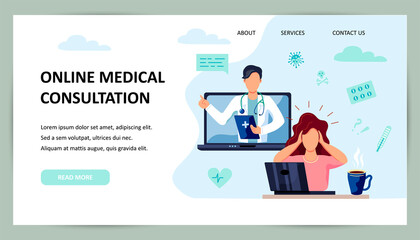 Tele medicine, online doctor and medical consultation concept. Doctor helps a patient on a laptop. Place for text. Flat cartoon style vector illustration.