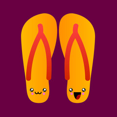 Cartoon flip flops with smiles vector image. Summer footwear with faces. Striped beach slippers happy characters. Doodle style.