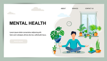 Person is sitting in a meditative pose at green home near the window. Balanced and healthy lifestyle. Home gardening, urban jungle, house plant concept. Flat cartoon style design vector illustration.