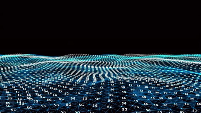 4k abstract Digital blue Wave of particles with text 5G dance motion on wave and light.Futuristic dots background with a dynamic wave.Big data.Cyber or technology background.
