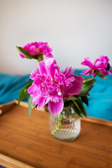 Beautiful pink peonies in a glass vase are standing on a wooden tray in bed. Close-up.