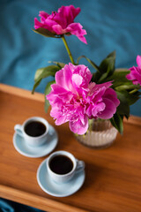 Beautiful pink peonies in a glass vase and two cups of coffee are standing on a wooden tray in the bed. Close-up.