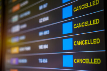 View of Delayed and Cancelled flight display on Flight boarding in airport due to outbreak of...