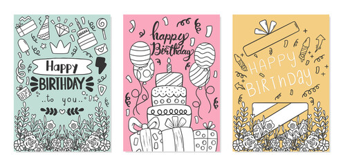 Hand drawn happy birthday greeting card and party invitation