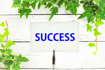 メモスタンドに書かれたSUCCESSの文字、葉の背景