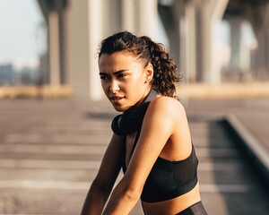 Beautiful woman with headphones around her neck resting during a workout