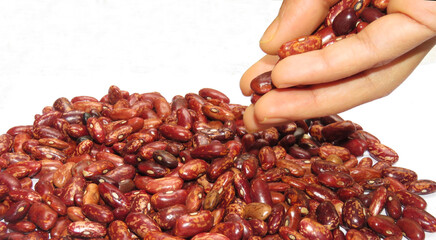 Kidney beans Dropping From Hand,Isolated Kidney beans on White background.  