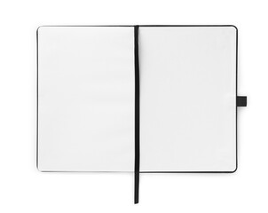 Blank opened notebook mockup isolated on white background. Top view, Clipping path.