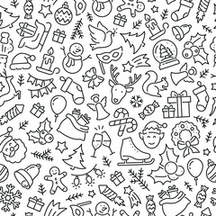 Seamless pattern with Christmas and New Year. Black and white thin line icons
