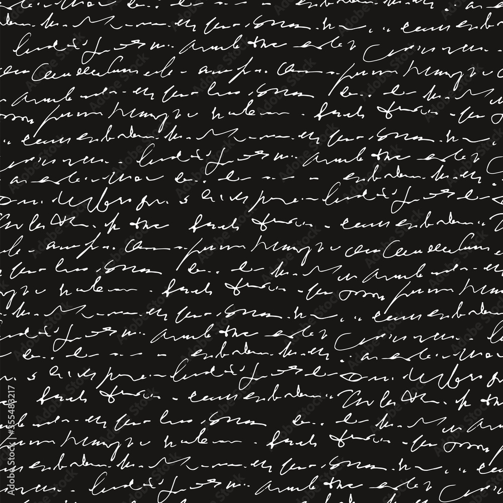 Poster handwritten abstract text vector seamless pattern, monochrome script isolated on black chalk board b