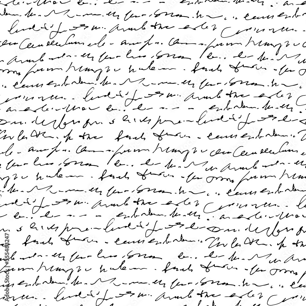 Poster Handwritten abstract text vector seamless pattern, monochrome script isolated on white background