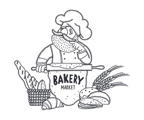 The market of bakery products. Logo. Vector illustration in the Doodle style.