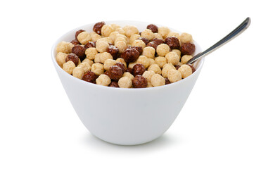 White bowl dry breakfast with milk on white background isolation