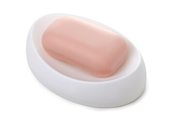 Pink soap in white a soap dish on white background isolation