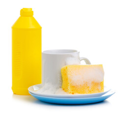 White plate, cup with cleaning sponge with soap foam, detergent on white background isolation