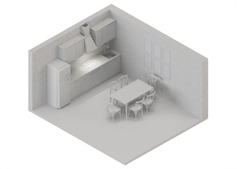 Interior with classic kitchen and Viennese chairs. Interior layout in orthogonal projection, top view. 3D rendering.