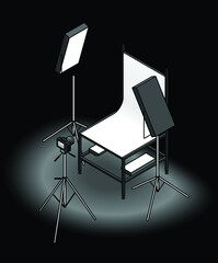 A photo studio table-top product photography set up with a backdrop, flood lights, and a camera. On a dark background.