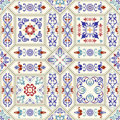 Seamless ceramic tile with colorful patchwork. Vintage multicolor pattern in turkish style. Endless pattern can be used for ceramic tile, wallpaper, linoleum, textile, web page background. Vector