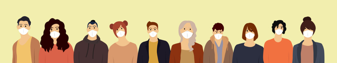 Fototapeta premium Group of men and women wearing medical masks. Quarantine concept.
