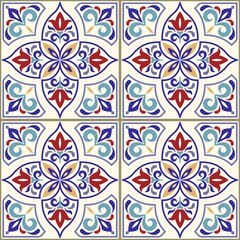 Seamless colorful patchwork in turkish style. Hand drawn background. Azulejos tiles patchwork. Portuguese and Spain decor. Islam, Arabic, Indian, ottoman motif. Perfect for printing on fabric or paper