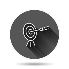 Target icon in flat style. Darts game vector illustration on black round background with long shadow effect. Aim arrow circle button business concept.