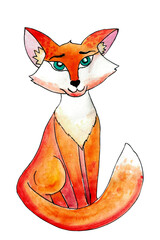 Fox painted with watercolors, children`s drawing, cartoon fox