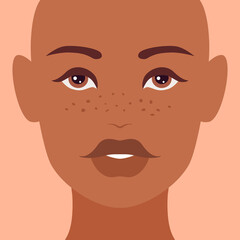Pretty female face of dark-skinned woman isolated on beige background. Closeup view. Portrait of a girl without hair on her head. Cute cartoon character in natural colors. Stock vector illustration